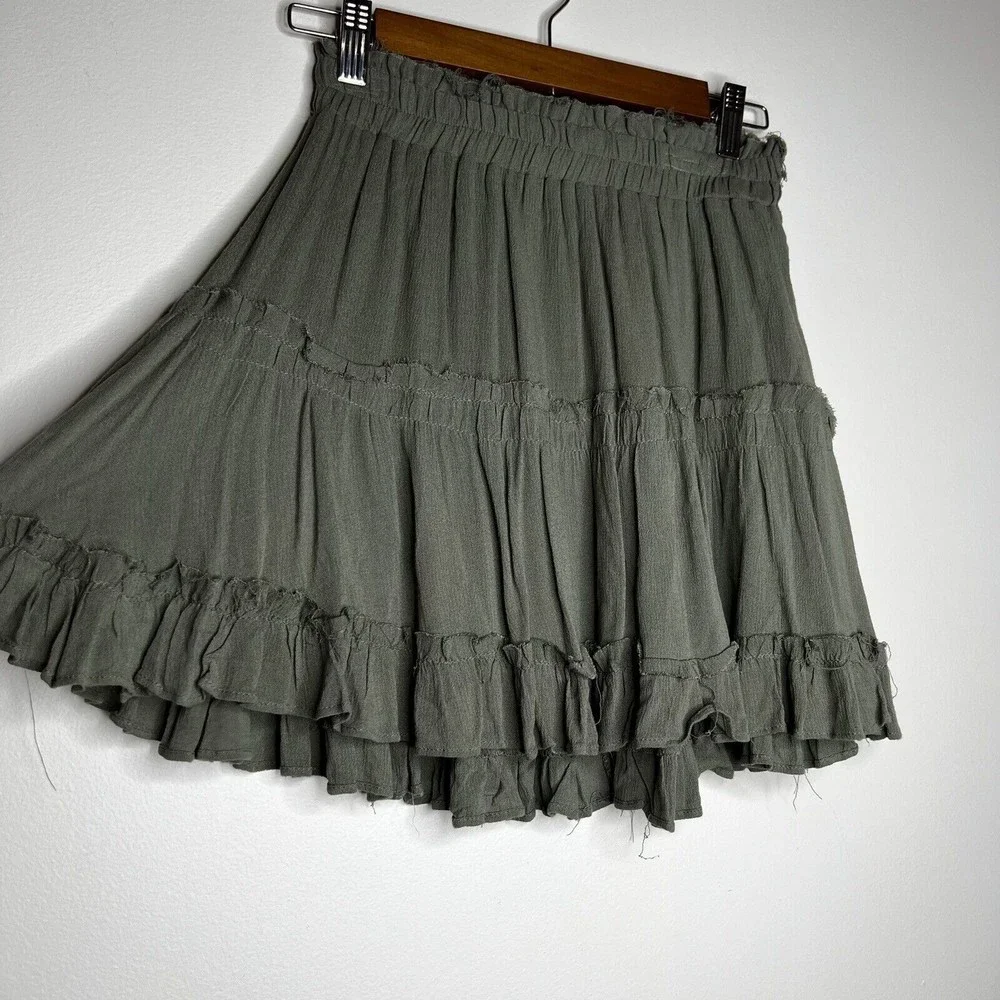 ShowPo Tiered Ruffle Skirt Pull-On Elastic Raw Hem Women’s 4 Dark Sage Green